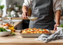 Lasagna al salmone affumicato servita su un piatto elegante
