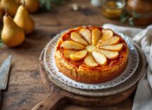 Torta di pere decorata con alchermes e frutta fresca