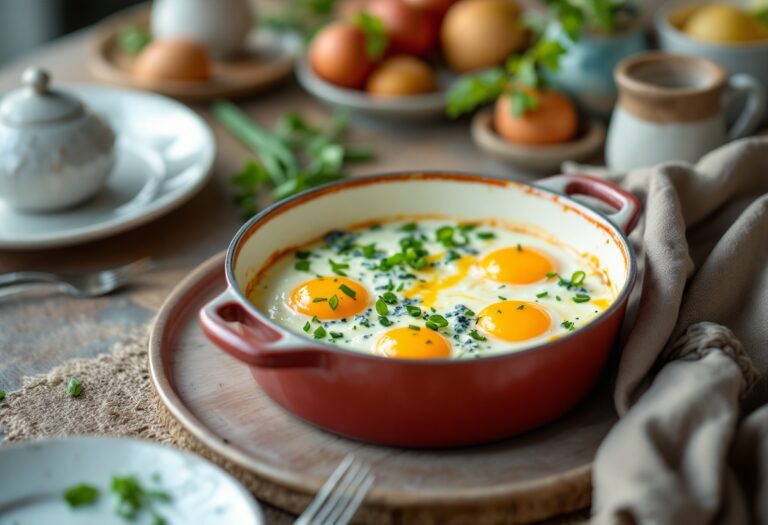 Uova in cocotte con formaggio blu ed erba cipollina