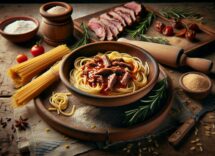 Pici toscani serviti con spalla senese e vino Vernaccia