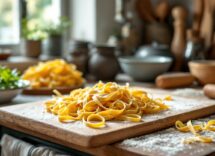 Piatto di tagliatelle di farina di ceci con condimento