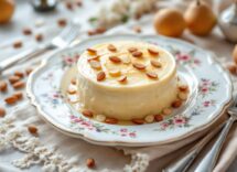Bavarese alle pere e mandorle servita in un piatto elegante