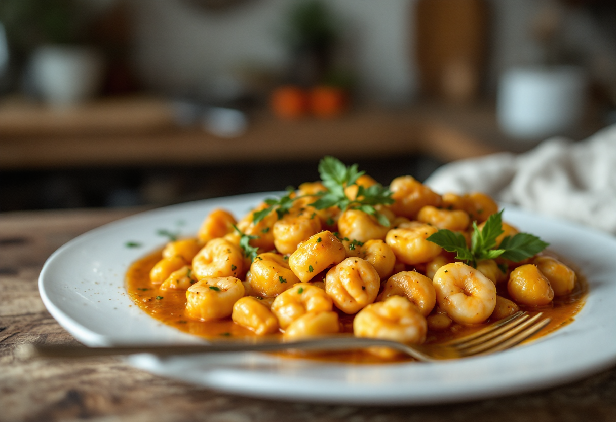 Gnocchi di zucca e patate serviti con gamberi freschi