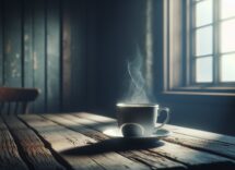 Tazza di caffè fumante su tavolo con libri