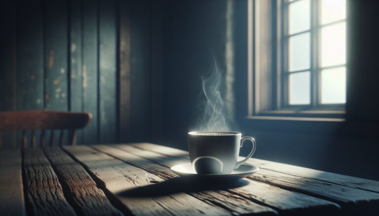 Tazza di caffè fumante su tavolo con libri