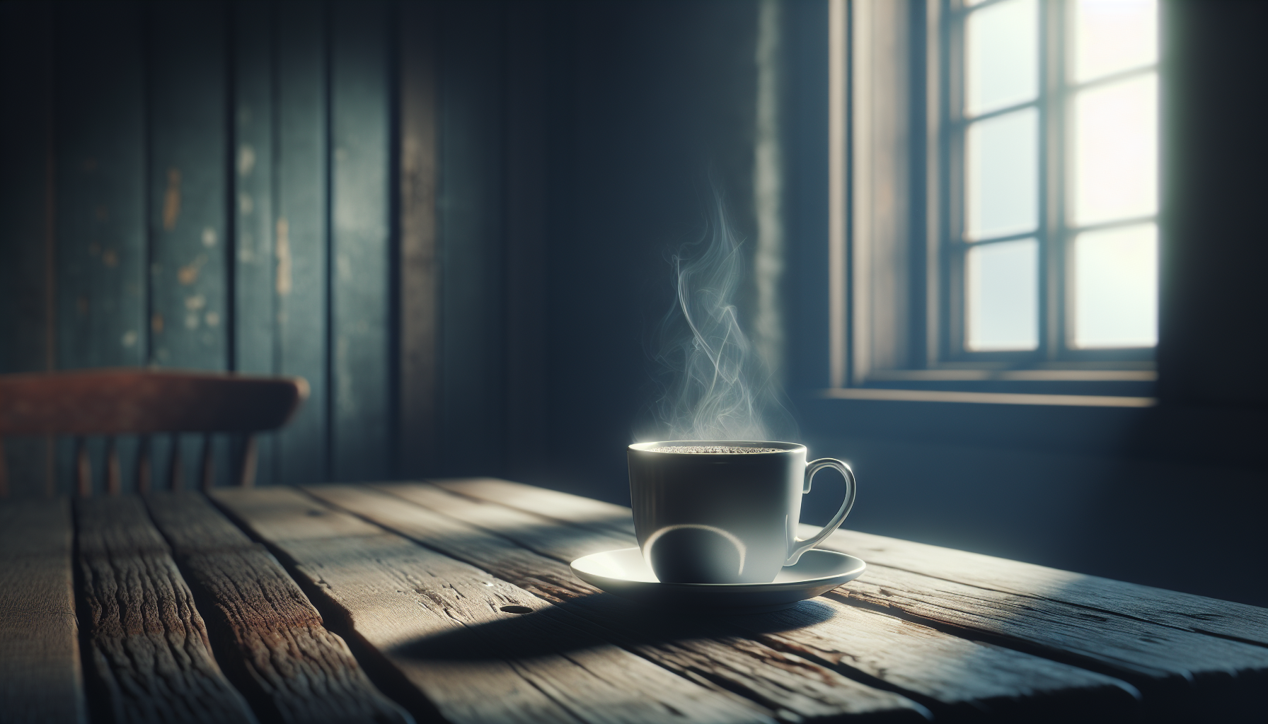 Tazza di caffè fumante su tavolo con libri